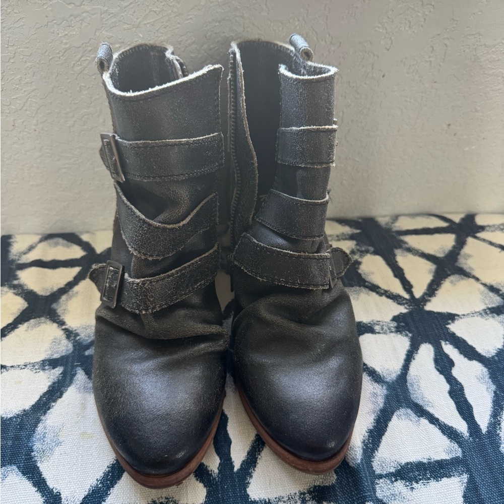 Black Ankle Boots with Distressed Leather and Straps
